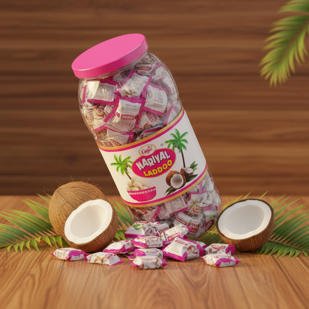Gopis Nariyal Laddoo coconut candy jar 45 degree angle professional product shot