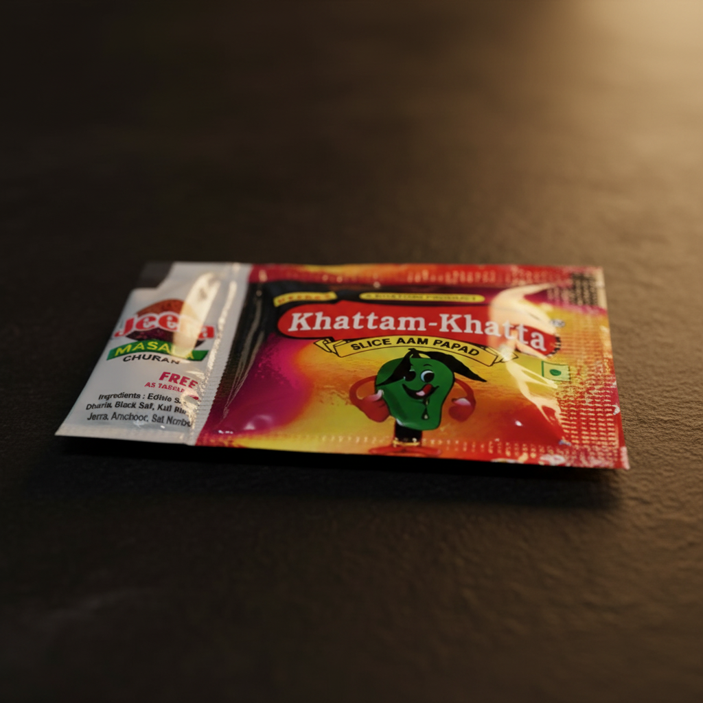 Khattam-Khatta aam papad packet professional close-up product shot