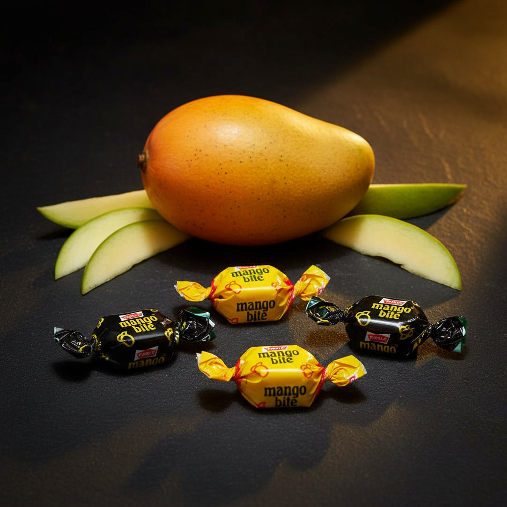 Parle Yellow and Black Mango Bite candies with fresh mango on dark background