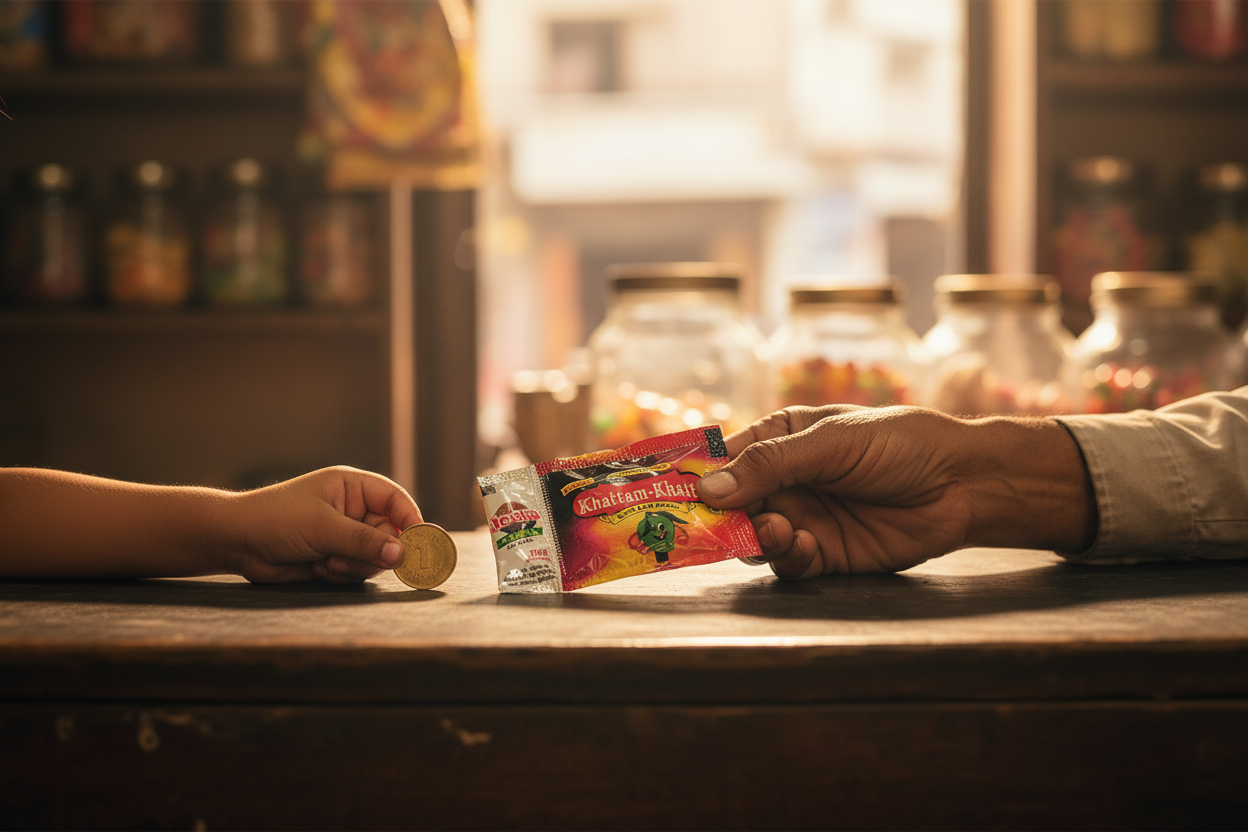 Child buying Khattam-Khatta with 1 rupee coin from old Indian shopkeeper