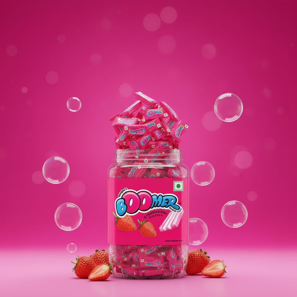Wrigley's Boomer Strawberry Bubble Gum full jar fun professional product shot