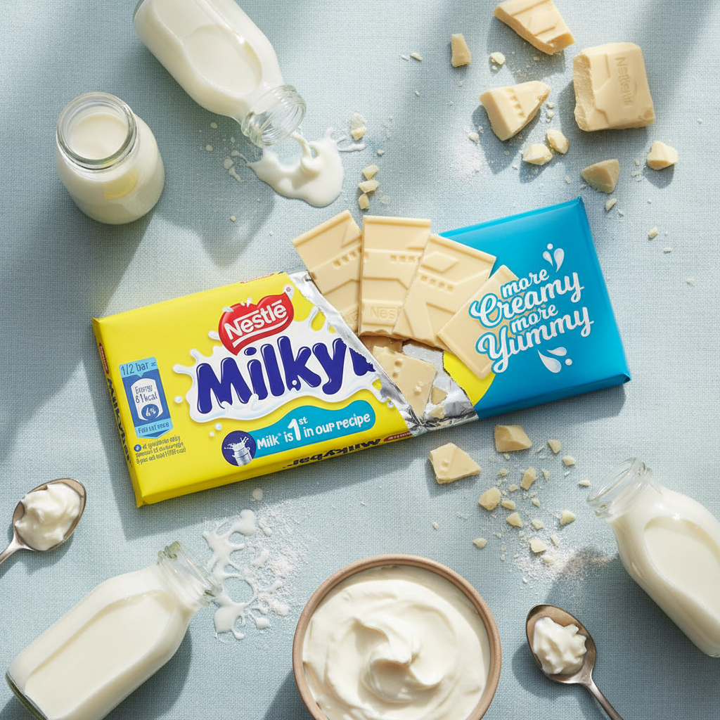 Nestlé Milkybar flat lay with white chocolate squares and milk bottles on pastel blue background