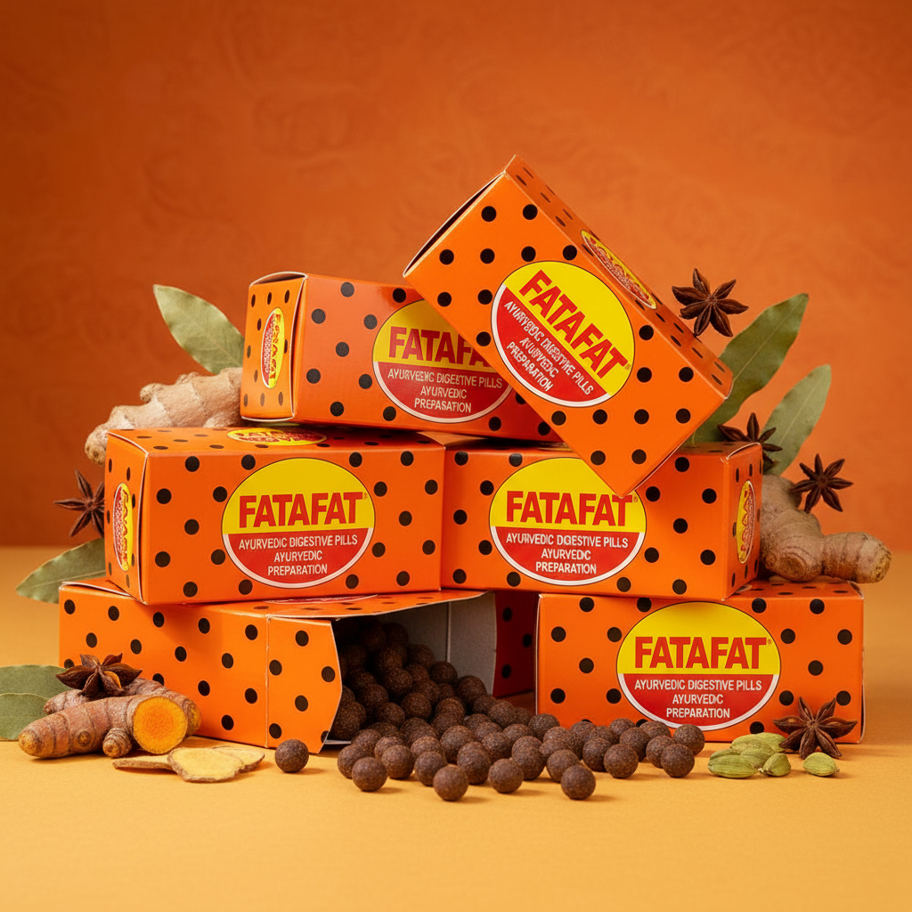 Fatafat Ayurvedic Digestive Pills orange box professional product shot