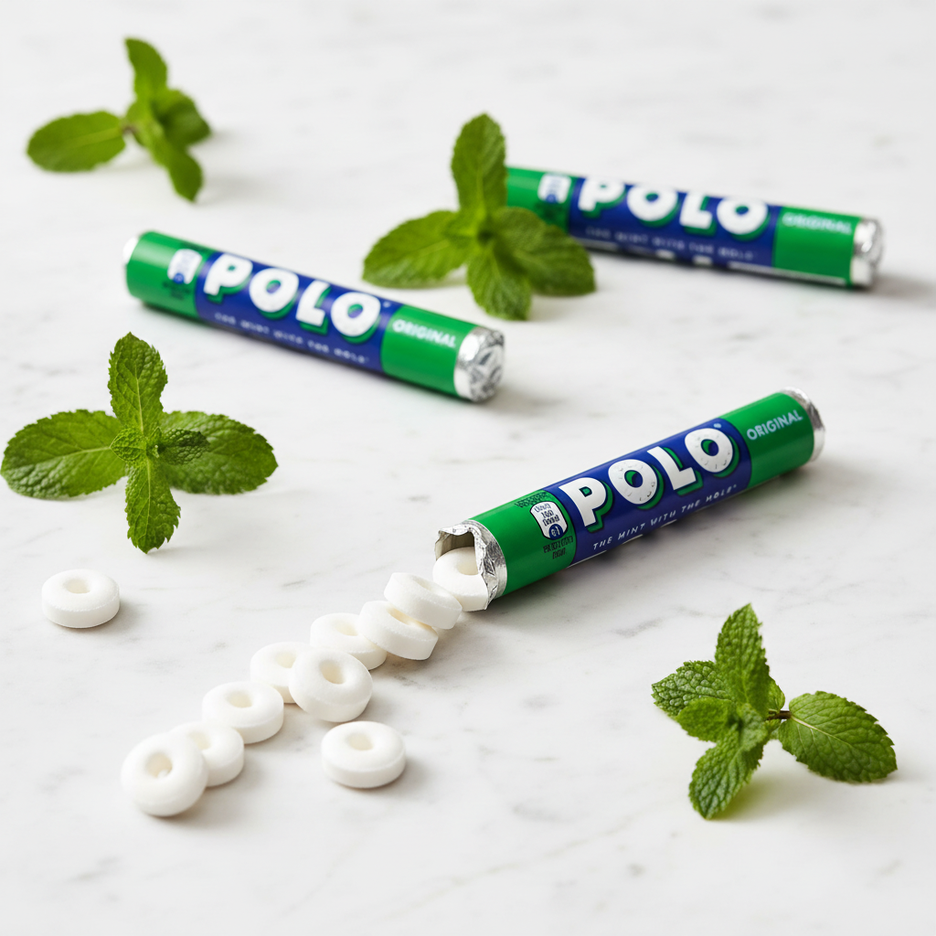 Polo Original Mint tubes on white marble with fresh mint leaves - classic professional shot