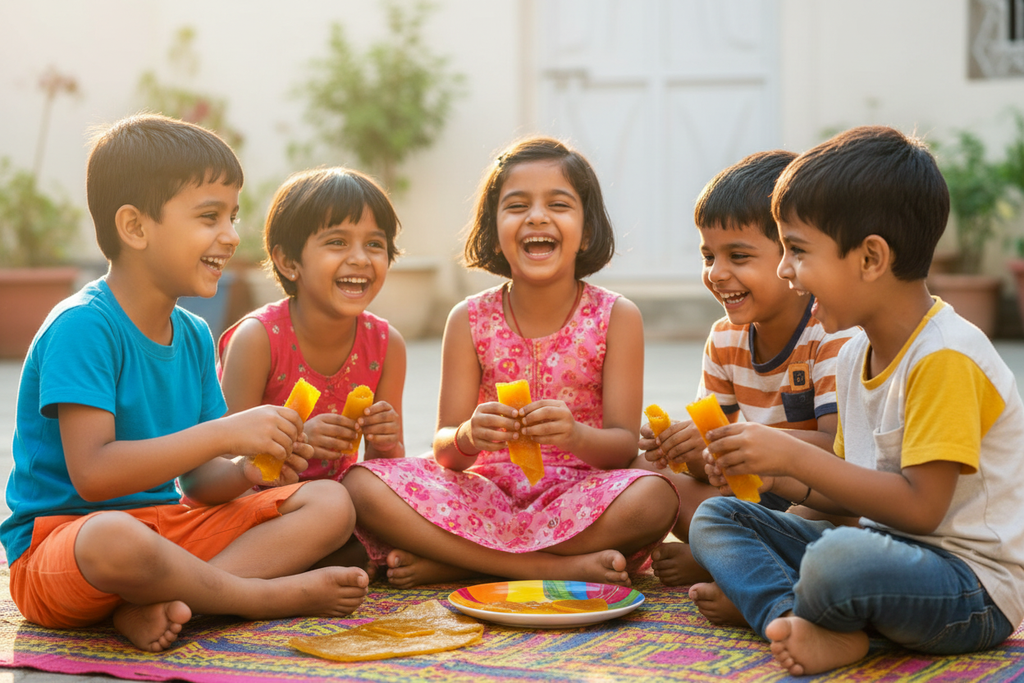Kids rolling and eating aam papad with joy