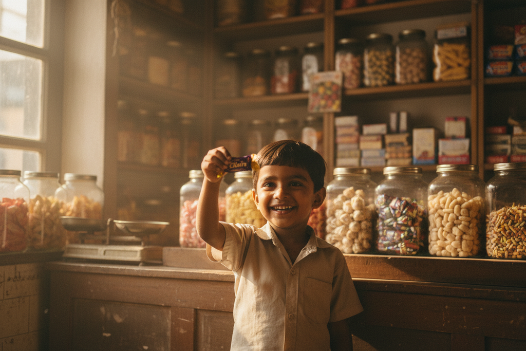 Happy child buying Cadbury Eclairs at an old Indian kirana shop - nostalgic product image