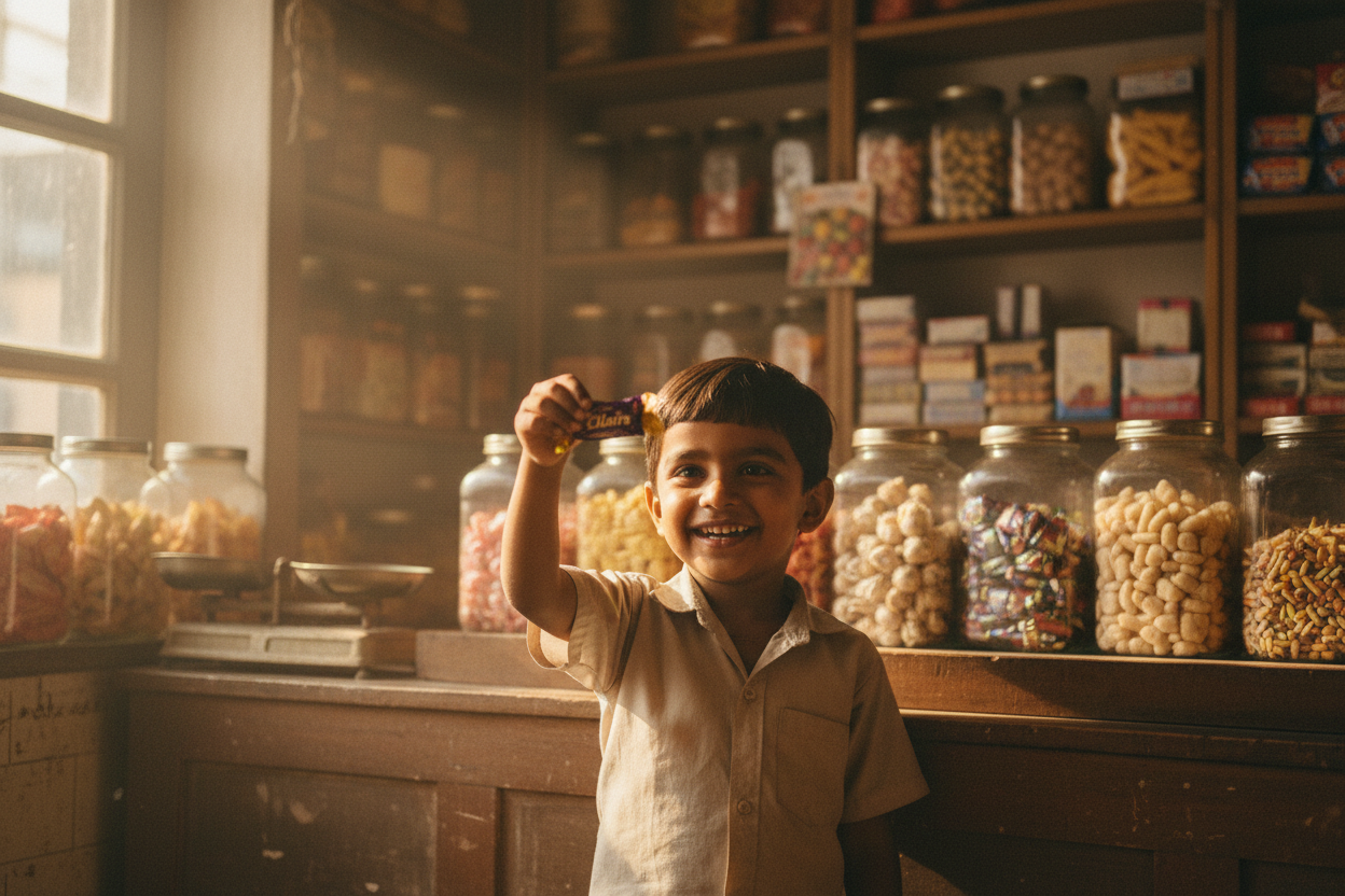 Happy child buying Cadbury Eclairs at an old Indian kirana shop - nostalgic product image