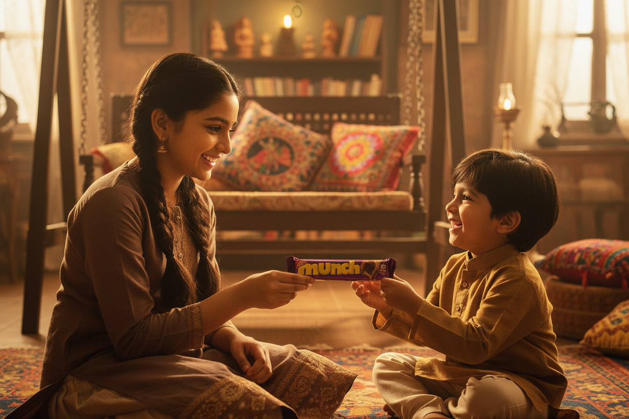 Sister gifting Munch chocolate bar to her little brother at home - nostalgic gifting moment