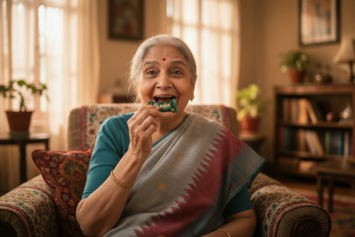 Elderly Indian woman eating Pulse candy in authentic Indian home setting