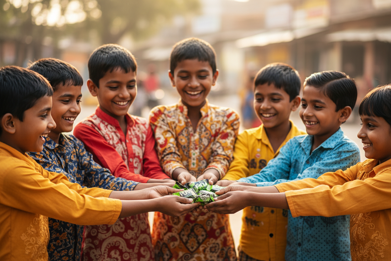 Happy Indian kids sharing and distributing Pulse candies with joy