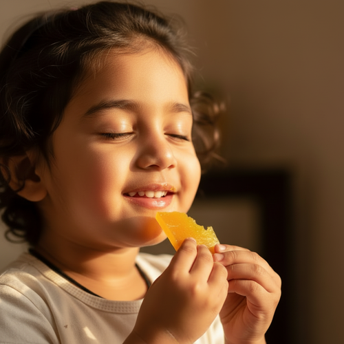 Child savoring first bite of aam papad with eyes closed in pure bliss
