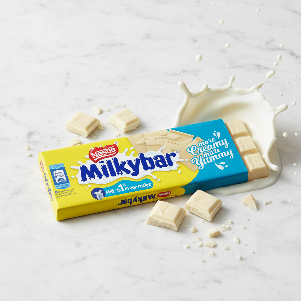 Nestlé Milkybar white chocolate bar with milk splash on white marble - professional product photo