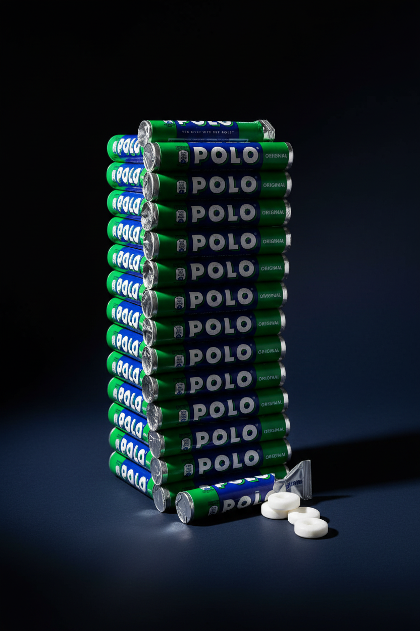Polo Original Mint tubes stacked in elegant tower on dark navy surface