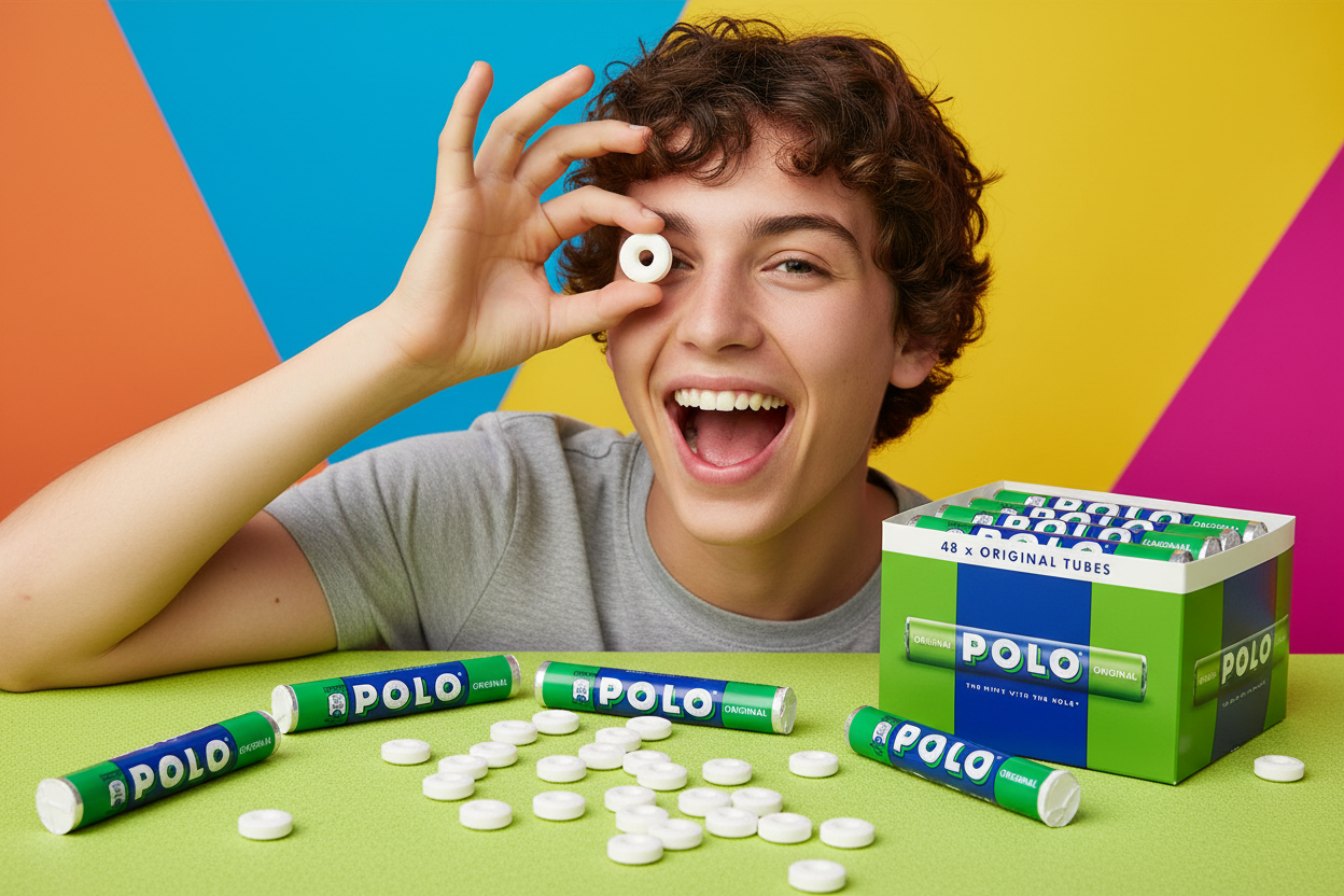 Fun lifestyle shot of person looking through Polo mint ring with joy