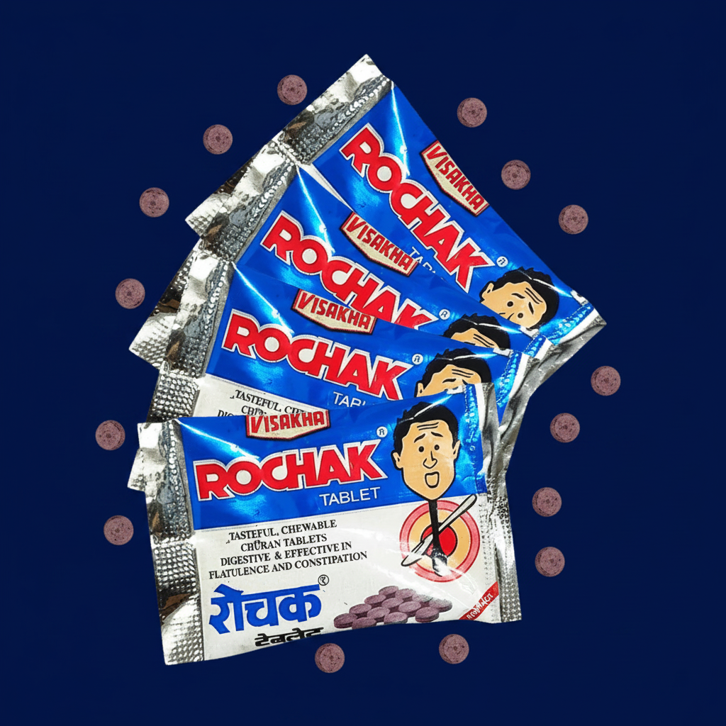 Visakha Rochak Tablet sachets overhead flat-lay professional product shot