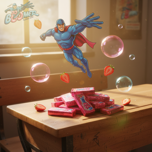 Wrigley's Boomer Bubble Gum nostalgic superhero mascot childhood product shot