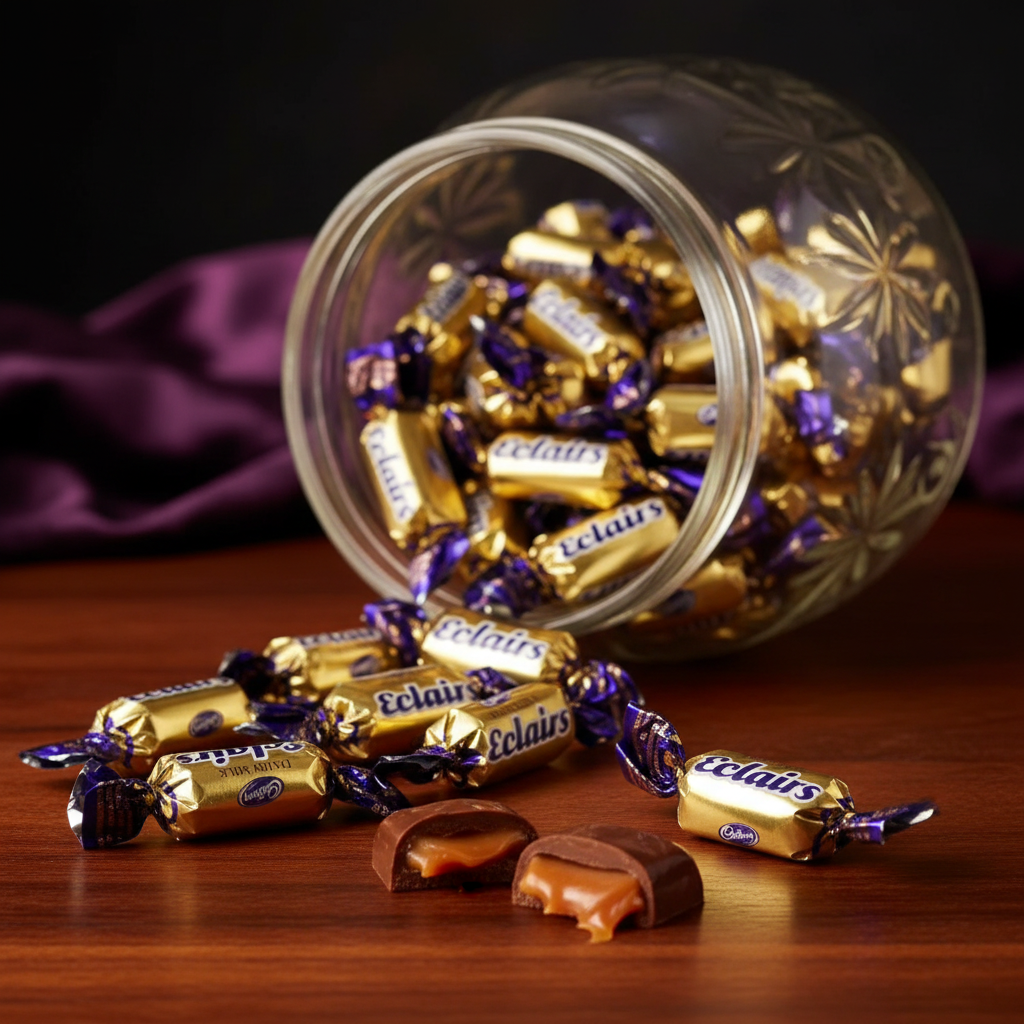 Cadbury Dairy Milk Eclairs candies in a vintage glass jar - professional product photo