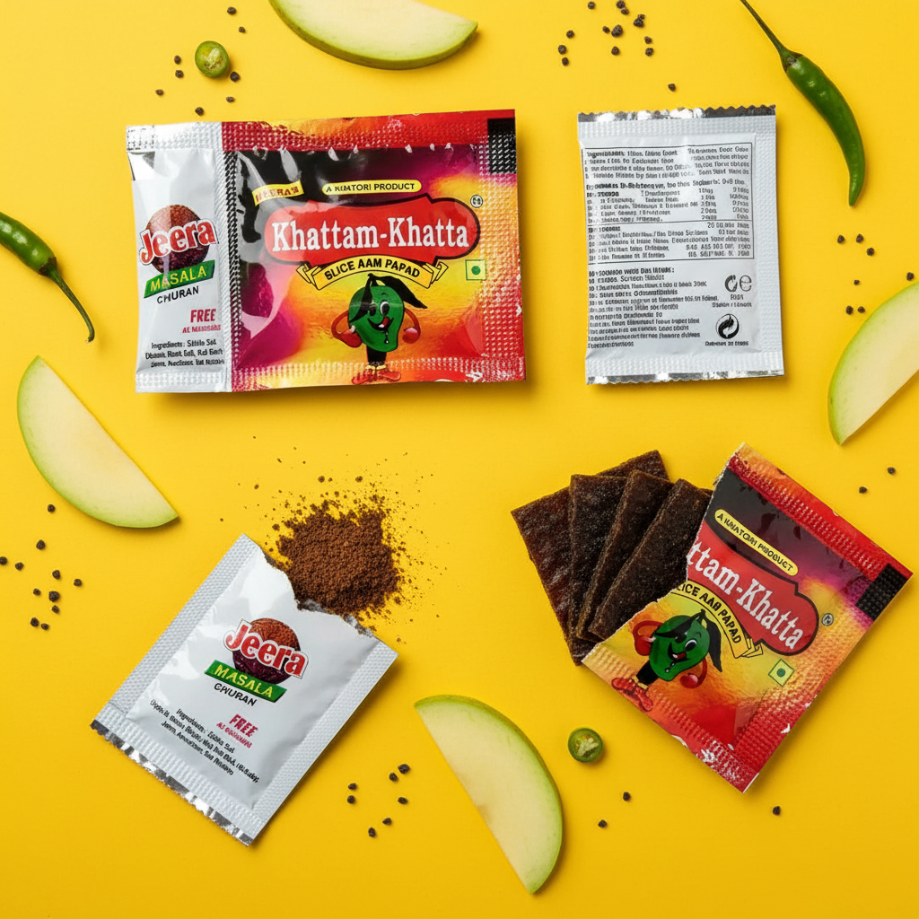 Khattam-Khatta aam papad all angles professional flat lay with spices and mango