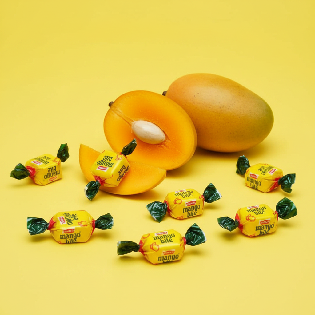 Parle Mango Bite candies with fresh mango on sunny yellow background