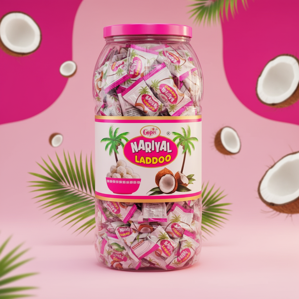 Gopis Nariyal Laddoo coconut candy jar fun professional product shot