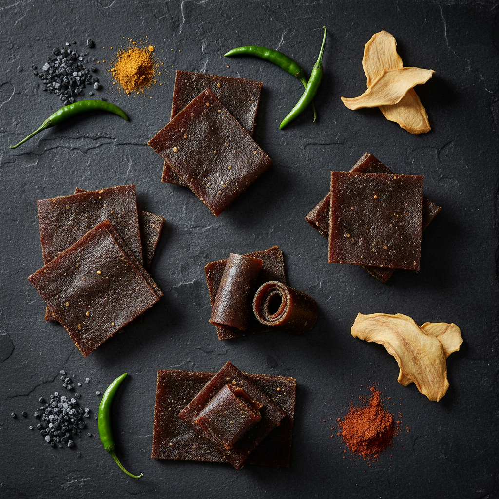 Black aam papad displayed from multiple angles with spices flat lay
