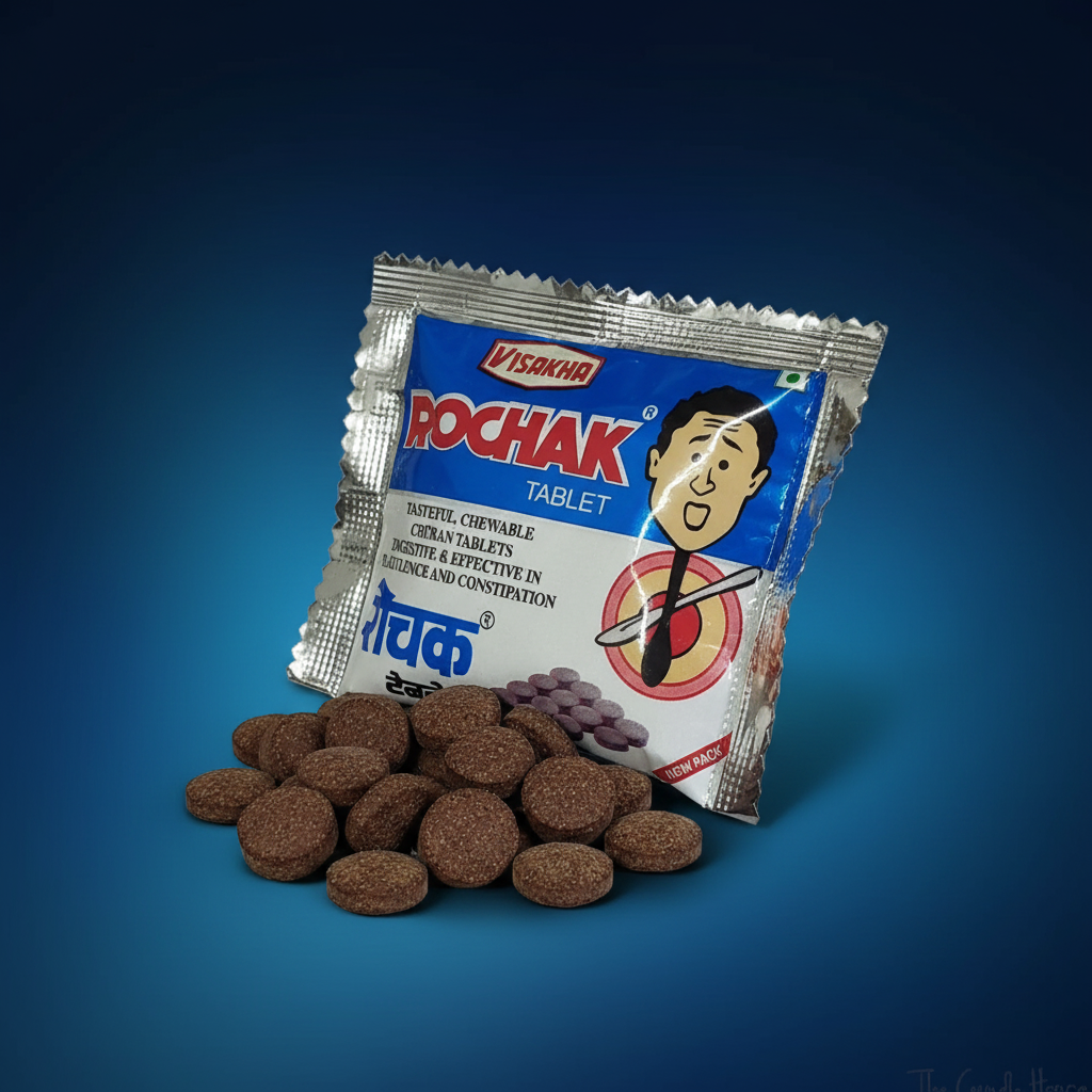 Visakha Rochak Tablet sachet professional 3/4 angle product shot with churan tablets