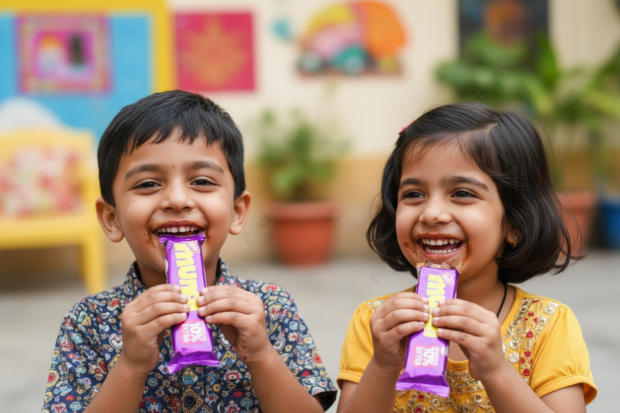 Happy Indian kids eating Nestlé Munch chocolate bars with pure joy
