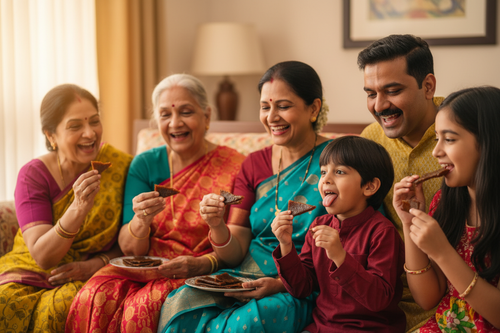 Happy Indian family sharing black aam papad together with joy